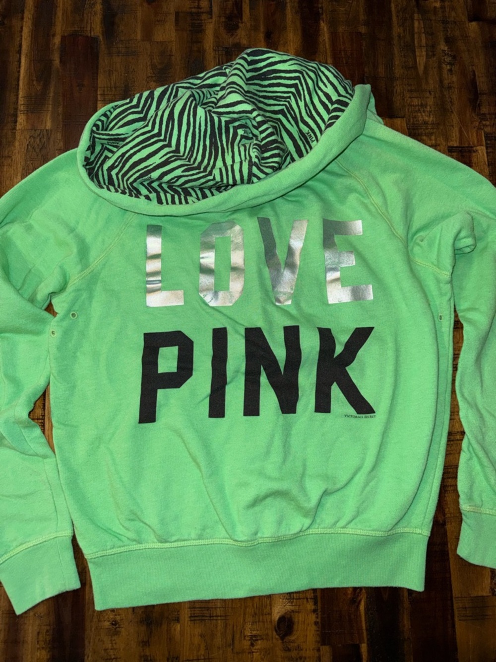 PINK baggy hooded zip-up sweatshirt! Pockets zebra print bright green. sz XS y2k